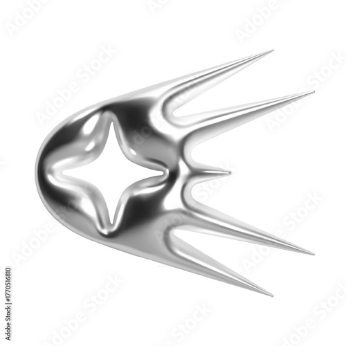 Chrome 3d metallic star with liquid surface reflecting futuristic y2k aesthetic