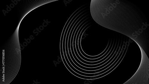 Abstract fractal burst background with black spiral lines and geometric swirl design. Black and white yin yang symbol illustration with a curved line pattern and a spiral design concept.