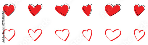 Red valentines-day heart shape hand drawn icons on white background. Isolated abstract collection of love icons on white page. EPS 10. 