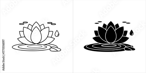 Lotus flower icon in outline and silhouette style