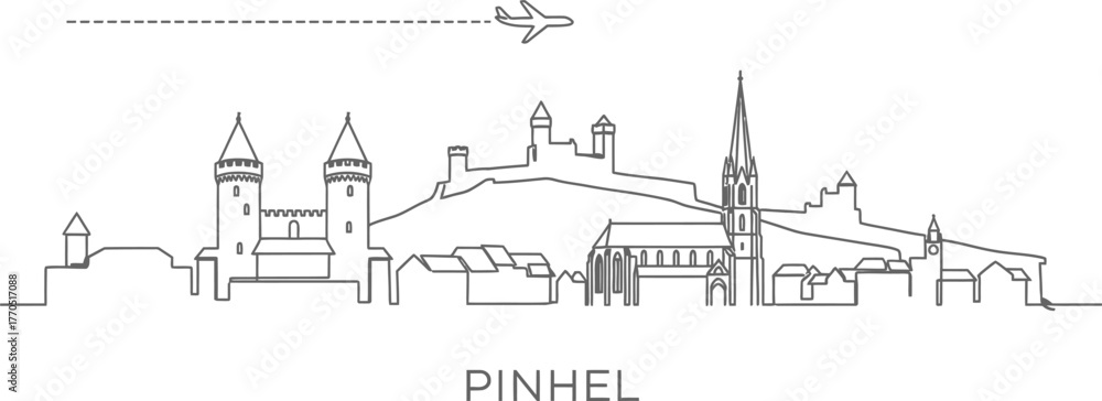 Obraz premium Pinhel Skyline with Airplane Traveling Concept