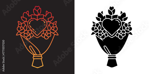 A stylized bouquet of roses with a heart in the center, presented in both outline and solid silhouette