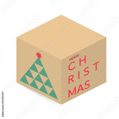 Isometric Christmas Gift Box with Geometric Tree Vector. The beige box with minimalist green and red elements creates a clean, contemporary holiday design.