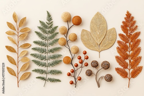 Autumnal Floral Arrangement Gold and Green Leaves, Berries on Beige Background
