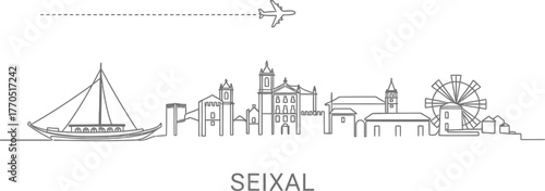 Seixal Skyline with Airplane and Sailing Ship Icon