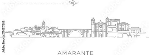 Amarante Portugal Skyline with Airplane Silhouette and Dashed Travel Line