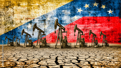 Industrial scene showcasing oil pumps against a textured flag backdrop