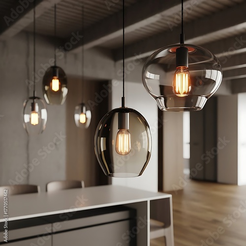 Modern industrial interior design with pendant lights and wood accents