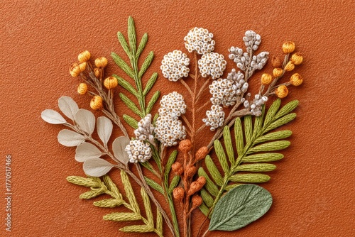 Autumnal Floral Arrangement on Burnt Orange Background
