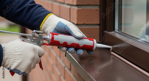 Close-up of hands applying sealant to window frame for winter insulation — perfect for draft proofing, energy saving, seasonal home prep and DIY repair content.