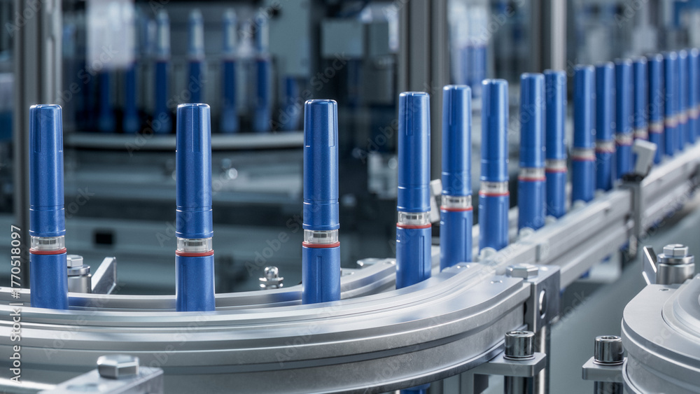 Obraz premium Insulin Pen on Conveyor Belt. Modern Pharmaceutical Factory. Medical Injector Pens on Production Line. Weight Loss Medication Manufacturing. Medical Drug Production Plant.