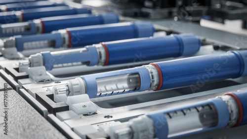 Close-up of an Insulin Pen on Production Line. Medical Drug Production Plant. Medical Injector Pens on Conveyor Belt at Modern Pharmaceutical Factory. Weight Loss Medication Manufacturing.