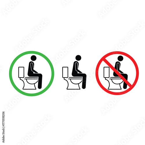 Vector illustration of three icons depicting correct and incorrect posture for using a toilet, with a green checkmark for correct and a red cross for incorrect, isolated on a