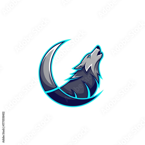 Dynamic wolf howling at crescent moon logo design, perfect for gaming teams, sports clubs, and modern brands seeking a fierce, iconic identity.