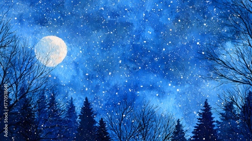 watercolor stars moon winter solstice night sky