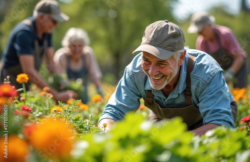 Wallpaper Mural Older adults work together in vibrant community garden. Smiling seniors tend to plants, flowers, enjoying nature, outdoor activity. They share knowledge, bond over shared tasks in sunny green space. Torontodigital.ca