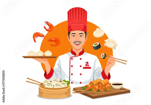 A smiling Asian chef character presents a delicious feast of popular cuisine, including dim sum, spring rolls, sushi, and dumplings, in a vibrant vector illustration