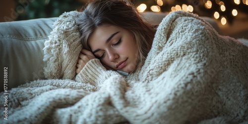 young woman peacefully sleeping on a couch, wrapped in a cozy white knitted blanket with soft, warm bokeh lights in the background, symbolizing rest and comfort.