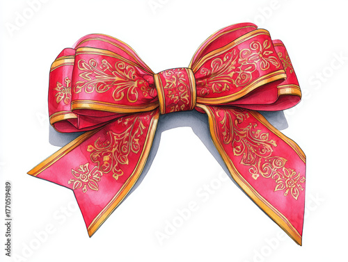 Festive red watercolor bow with gold ornamental pattern, elegant ribbon tied in decorative knot, joyful holiday accent