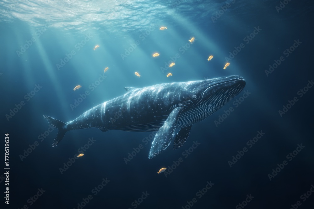 Fototapeta premium Majestic whale swimming in sunlit ocean with glowing fish