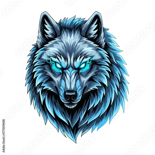 Intense blue wolf head with glowing eyes for powerful logo, gaming avatar, or fierce branding, inspiring strength, loyalty, and untamed spirit
