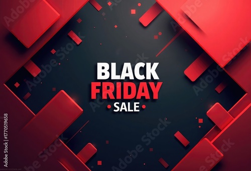 Vector abstract background with dynamic red geometric shapes on black surface and bold white-red Black Friday Sale text, modern elegant design with copy space, for advertising, banners, promotions.