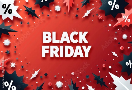 Dynamic vector abstract pattern with percent symbols and bold white Black Friday text on vibrant red background, modern design in red, black, and white color palette for advertising, banners, sales.