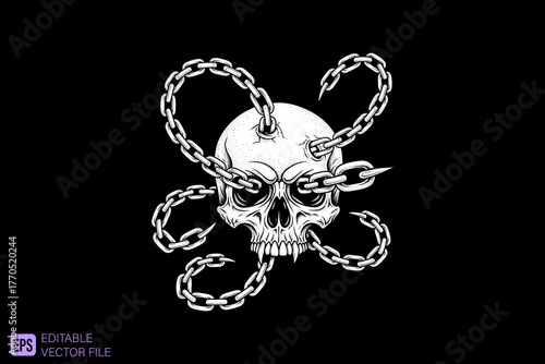 Skull with Chains Entwined Through Eye Sockets and Head.