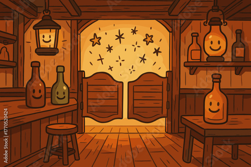 Cheerful Saloon Scene. Cheerful saloon with swinging doors, smiling bottles, lanterns, and little doodle stars above