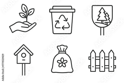 Conservation Icons. Line style icons of conservation: tree planting, recycling bin, protected area sign, birdhouse, clean-up bag,