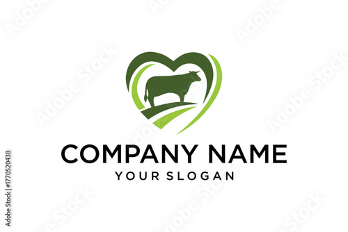 Green Cow and Heart Logo Design for Agriculture, Livestock, or Organic Food Business