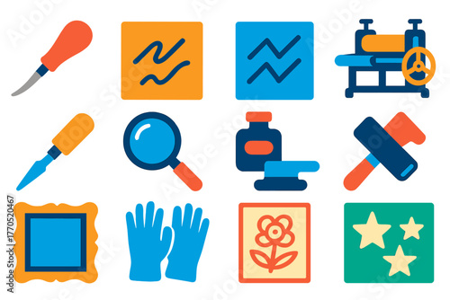 Art Engraving Tools Icons. Flat vector icons of Artistic Engraving: burin, plate, etching, press, carving, magnifying glass, ink,