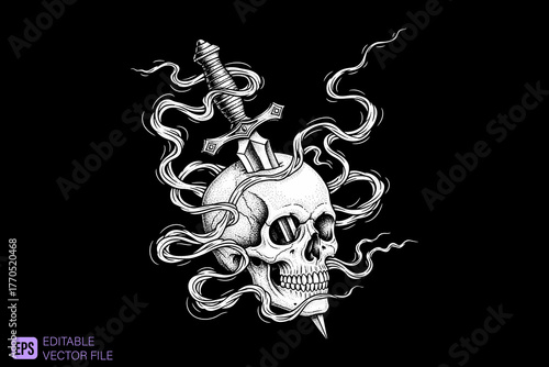 Skull with Dagger and Smoke Tattoo Design.