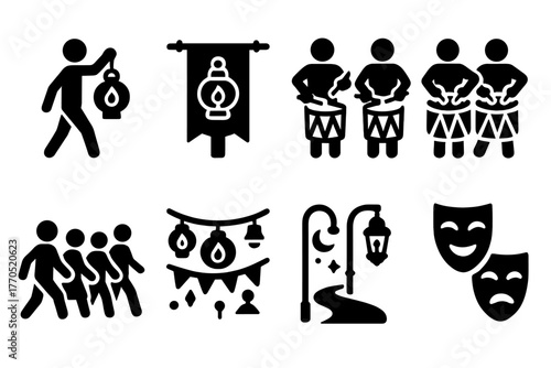 Lantern Parade Icons. Solid style icons of Lantern Parade: Carried Lantern, Street Banner, Drummers, Crowd Walk, Hanging Strings,
