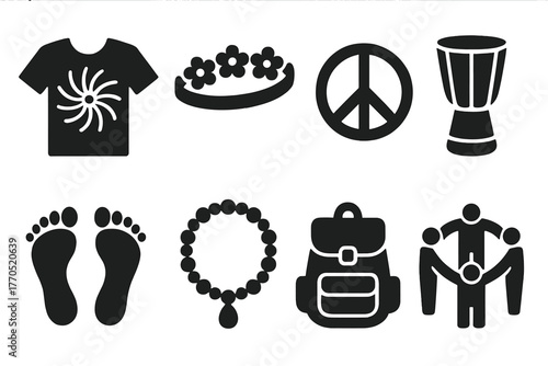 Hippie Culture Icons. Solid style icons of Hippie Culture Gathering: Tie-Dye Shirt, Flower Crown, Peace Sign, Drum, Bare Feet,