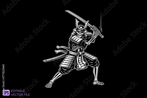 Samurai Skeleton Warrior with Katana Sword in Dynamic Combat Pos