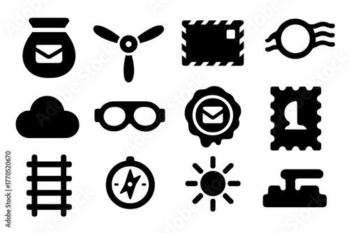 Zeppelin Mail Icons. Solid style icons of Zeppelin Delivery: Mailbag, Propeller, Air Mail Envelope, Postmark, Cloud, Pilot Goggles