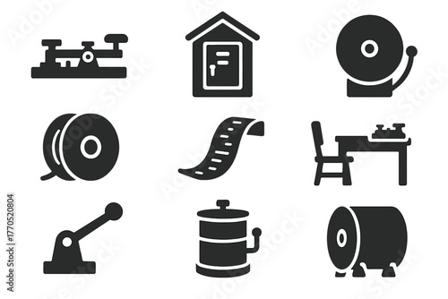 Early Fire Communication Icons. Solid style icons of Early Fire Communication: Telegraph Key, Alarm Box, Signal Bell, Wire Spool,