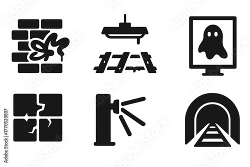 Abandoned Subway Icons. Solid style icons of Abandoned Subway Station: graffiti, rusted tracks, flickering light, ghost