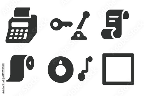 Vintage Office Icons. Solid style icons of Office History: Adding Machine, Keys, Lever, Printed Tape, Paper Roll, Knob, Crank,
