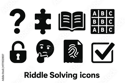 Riddle Solving Icons. Solid style icons of Riddle Solving: Question Mark, Puzzle Symbol, Book Page, Cipher Grid, Open Lock,