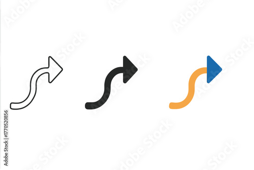 Motion Path Icons. Minimalist motion path icon: three identical motion path arrows icons in a row, first in line style with thin