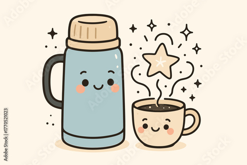 Cheerful Thermos Delight. Sweet doodle vector illustration of a thermos with a cheerful expression standing next to a cup filled