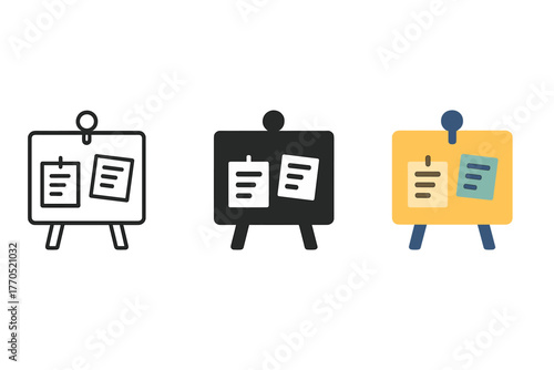 Minimalist Quest Board Icons. Minimalist quest board icon: three identical quest boards with pinned notes in a row, first in line