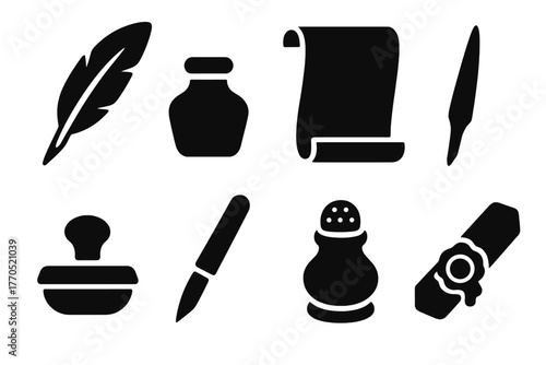 Writing Materials Icons. Solid style icons of Writing Materials: quill feather, ink horn, parchment roll, reed pen, blotter pad,