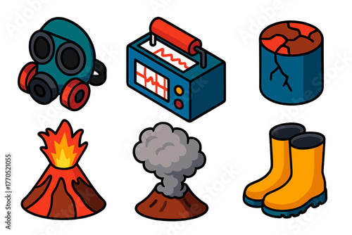 Volcanology Equipment Icons. Isometric vector illustration set Volcanology: Gas Mask, Seismograph, Lava Sample, Eruption, Ash