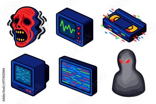 Analog Horror Icons. Isometric vector illustration set Analog Horror: Distorted Face, Unknown Frequency, Glitching Tape, Static,