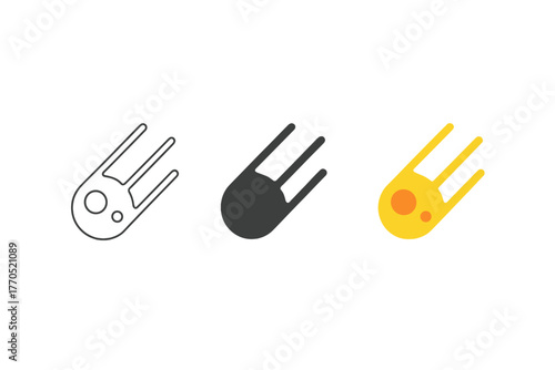 Meteor Tracking Icons. Minimalist meteor tracker icon: three identical meteor paths with trajectory lines in a row, first in line