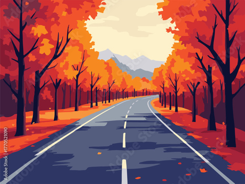 Scenic Road Through Autumn Forest with Mountains in Background
