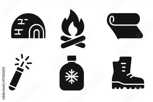 Winter Survival Icons. Solid style icons of Winter Survival: Snow Shelter, Campfire, Thermal Blanket, Survival Knife, Emergency